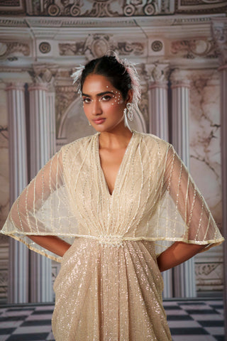 Aphrodite Champagne Shimmer Gown by Nidhika Shekhar available on Indiaspopup.com