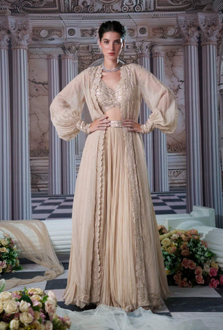 Venus Nude Lehenga And Cape Set by Nidhika Shekhar available on Indiaspopup.com