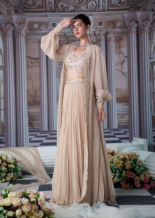 Venus Nude Lehenga And Cape Set by Nidhika Shekhar available on Indiaspopup.com