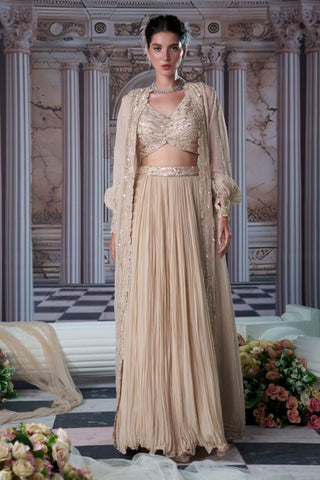 Venus Nude Lehenga And Cape Set by Nidhika Shekhar available on Indiaspopup.com