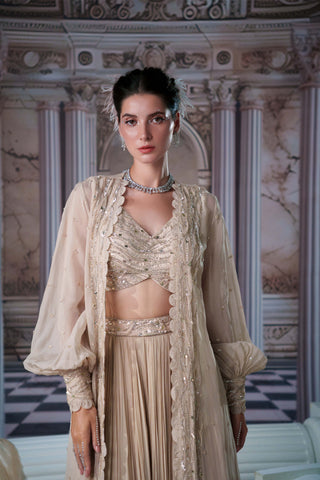 Venus Nude Lehenga And Cape Set by Nidhika Shekhar available on Indiaspopup.com