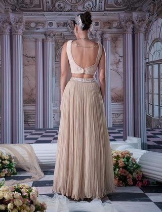 Venus Nude Lehenga And Cape Set by Nidhika Shekhar available on Indiaspopup.com