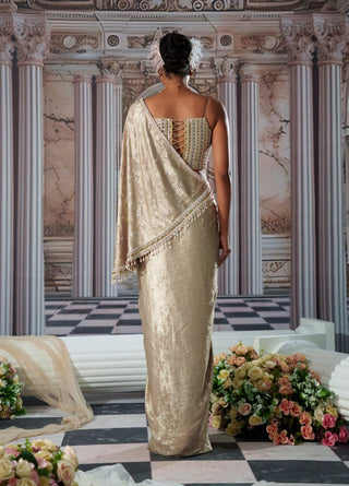 Celestial Golden Corset And Sari by Nidhika Shekhar available on Indiaspopup.com