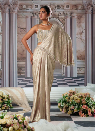 Celestial Golden Corset And Sari by Nidhika Shekhar available on Indiaspopup.com