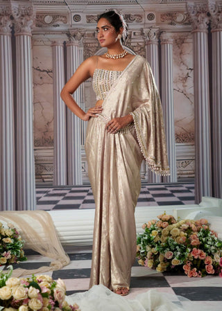 Celestial Golden Corset And Sari by Nidhika Shekhar available on Indiaspopup.com