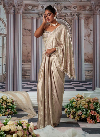 Celestial Golden Corset And Sari by Nidhika Shekhar available on Indiaspopup.com