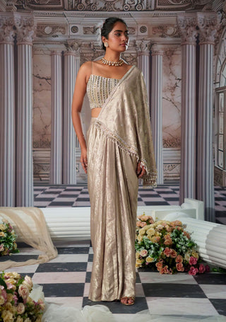 Celestial Golden Corset And Sari by Nidhika Shekhar available on Indiaspopup.com