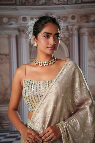 Celestial Golden Corset And Sari by Nidhika Shekhar available on Indiaspopup.com