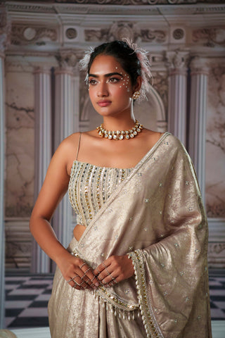 Celestial Golden Corset And Sari by Nidhika Shekhar available on Indiaspopup.com