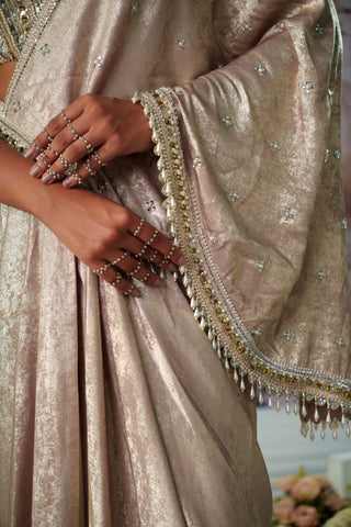 Celestial Golden Corset And Sari by Nidhika Shekhar available on Indiaspopup.com