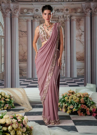 Goddess Cedar Drape Sari And Blouse by Nidhika Shekhar available on Indiaspopup.com