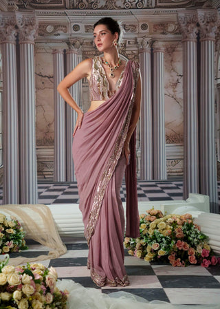 Goddess Cedar Drape Sari And Blouse by Nidhika Shekhar available on Indiaspopup.com