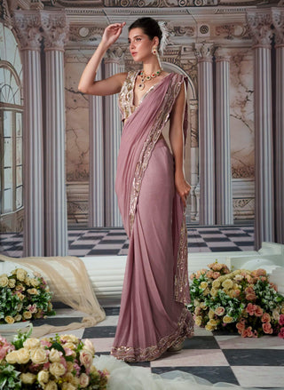 Goddess Cedar Drape Sari And Blouse by Nidhika Shekhar available on Indiaspopup.com