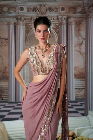 Goddess Cedar Drape Sari And Blouse by Nidhika Shekhar available on Indiaspopup.com