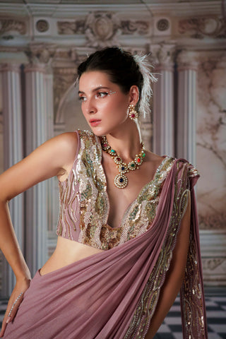 Goddess Cedar Drape Sari And Blouse by Nidhika Shekhar available on Indiaspopup.com