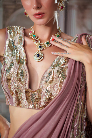 Goddess Cedar Drape Sari And Blouse by Nidhika Shekhar available on Indiaspopup.com