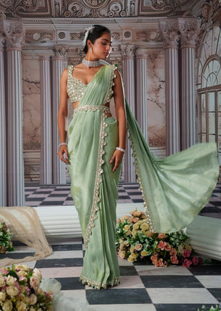 Divine Sage Green Zari Sari Set by Nidhika Shekhar available on Indiaspopup.com