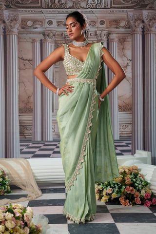 Divine Sage Green Zari Sari Set by Nidhika Shekhar available on Indiaspopup.com