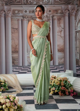 Divine Sage Green Zari Sari Set by Nidhika Shekhar available on Indiaspopup.com