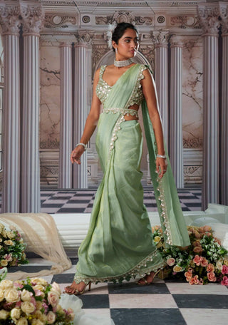 Divine Sage Green Zari Sari Set by Nidhika Shekhar available on Indiaspopup.com