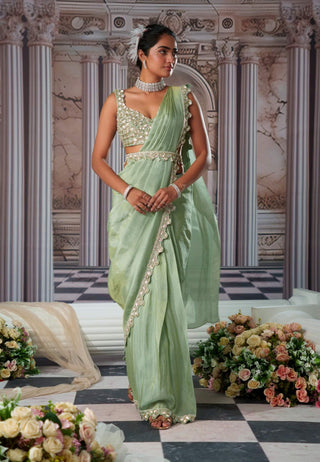 Divine Sage Green Zari Sari Set by Nidhika Shekhar available on Indiaspopup.com