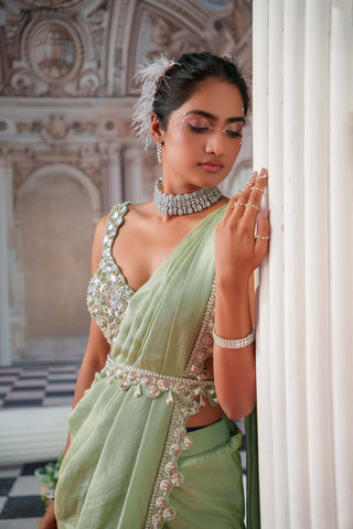 Divine Sage Green Zari Sari Set by Nidhika Shekhar available on Indiaspopup.com