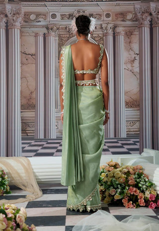 Divine Sage Green Zari Sari Set by Nidhika Shekhar available on Indiaspopup.com