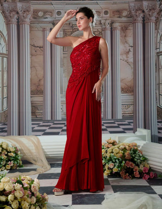 Divine Red Embroidery Gown by Nidhika Shekhar available on Indiaspopup.com