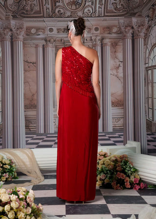 Divine Red Embroidery Gown by Nidhika Shekhar available on Indiaspopup.com