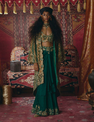 Emerald green draped skirt and jacket set