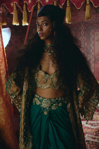 Emerald green draped skirt and jacket set