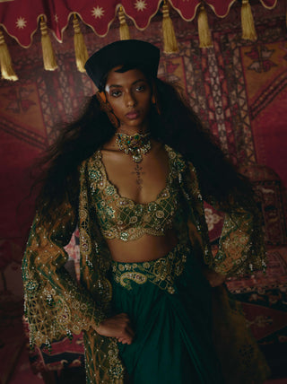 Emerald green draped skirt and jacket set