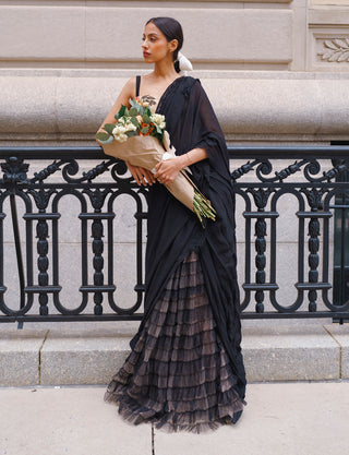 Gold silk bralette and ruffle sari