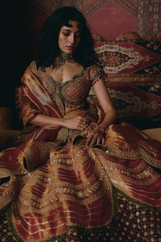 Rust orange velvet lehenga set