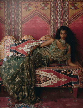 Emerald green drape sari set