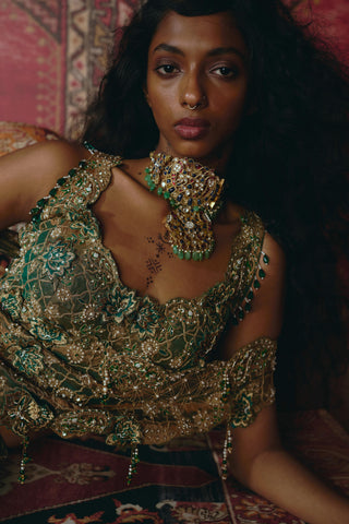 Emerald green drape sari set