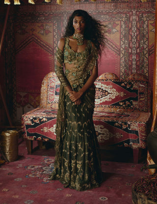 Emerald green drape sari set