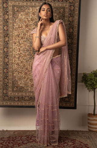 Jigar And Nikita-Lilac Dusty Pink Sari Set-INDIASPOPUP.COM