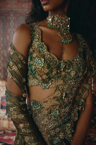 Emerald green drape sari set