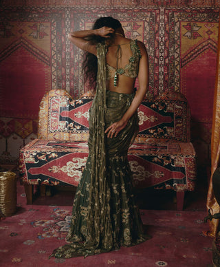 Emerald green drape sari set