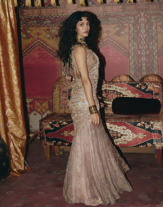 Rose gold drape sari set