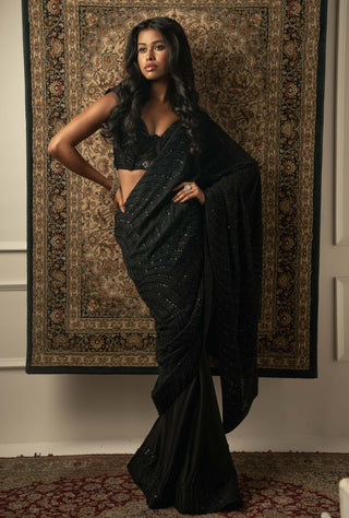 Black silk satin embroidered sari set