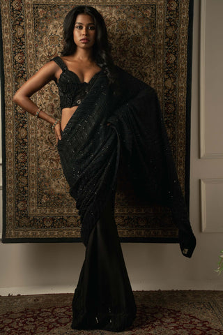 Jigar And Nikita-Black Silk Satin Embroidered Sari Set-INDIASPOPUP.COM