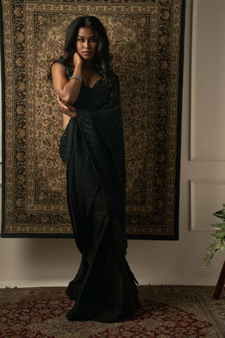 Jigar And Nikita-Black Silk Satin Embroidered Sari Set-INDIASPOPUP.COM
