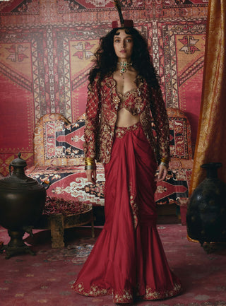 Maroon drape skirt and jacket set