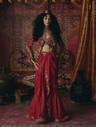 Maroon drape skirt and jacket set