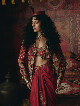 Maroon drape skirt and jacket set