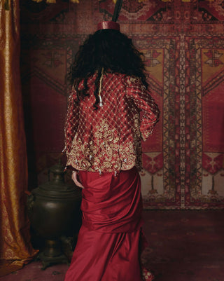 Maroon drape skirt and jacket set