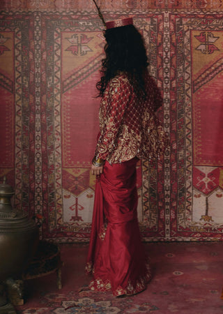 Maroon drape skirt and jacket set