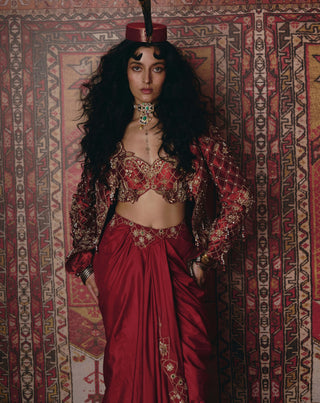 Maroon drape skirt and jacket set